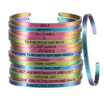 

10pcs New Rainbow Stainless Steel Bangle Custom Engraved Positive Inspirational Quote Cuff Mantra Bracelet Gift for Women SL-098