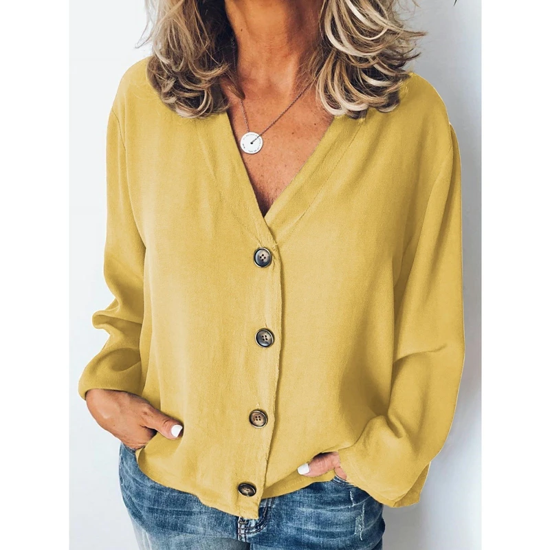 SFIT женская летняя однотонная блузка с длинным рукавом, женская рубашка на пуговицах, топ размера плюс, Повседневная Свободная блузка с v-образным вырезом и длинным рукавом - Цвет: Yellow