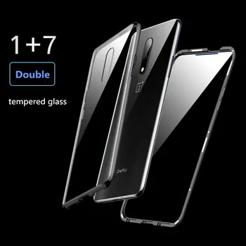 

Magnetic Adsorption Flip Phone Case for OnePlus 7 Magnet Metal Cases Front Tempered Glass Back Cover for oneplus 7