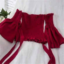 Blusa sensual cropped sem alças, ombro fora, chiffon, com laço, manga amarela, manga longa, tops curtos pz122, 2018