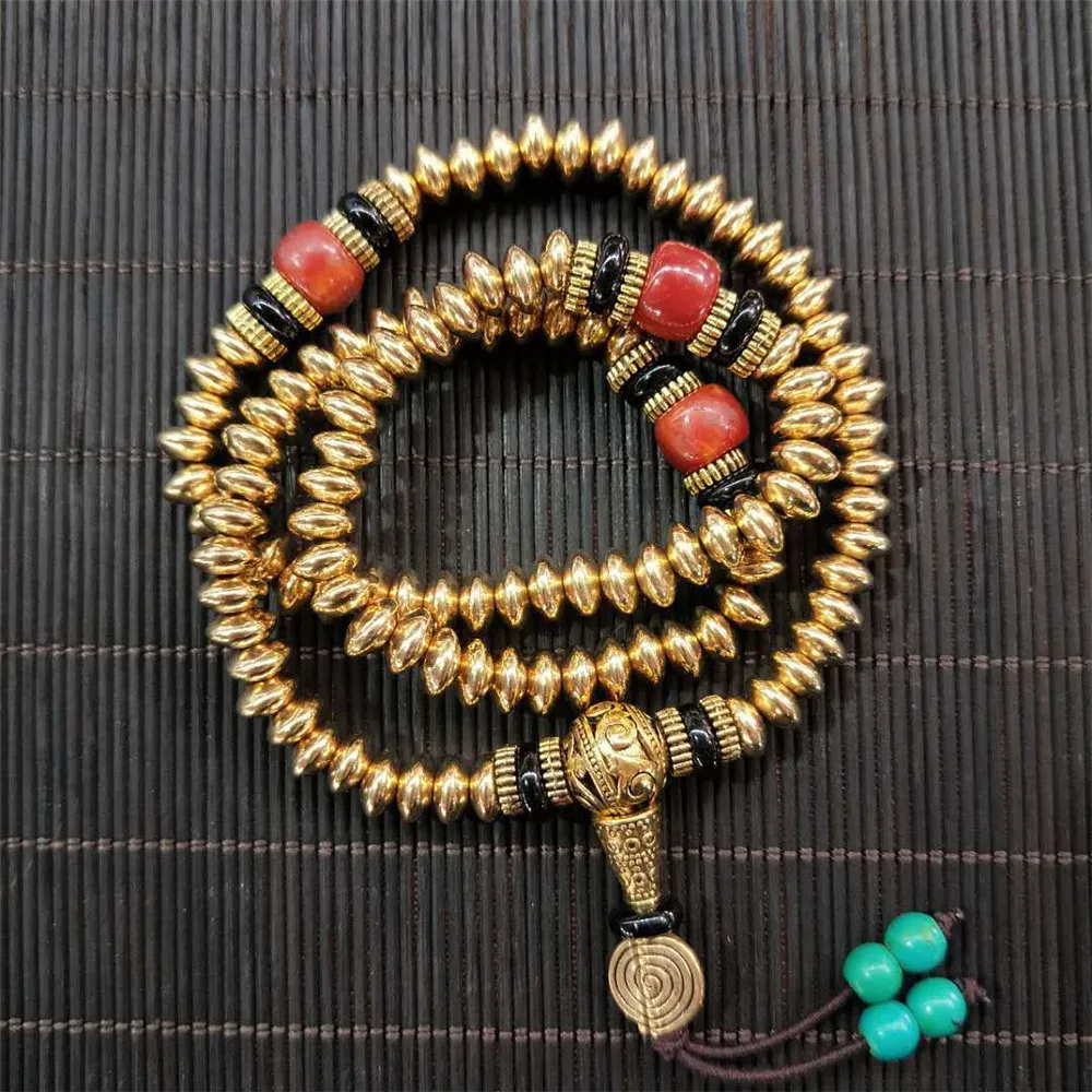 

Dropship Retro Nepal Copper Beads 108 Pure Brass Bracelet Tibetan 7mm Buddha Beads Prayer Rosary 108 Mala Fashion Men Jewelry