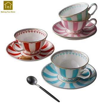 

Simple Stripe Coffee Cup Set Certamic Tea Beautiful Green Afternoon Tea Cup Handle Raita Best Cup Drink Water Tool WKD066