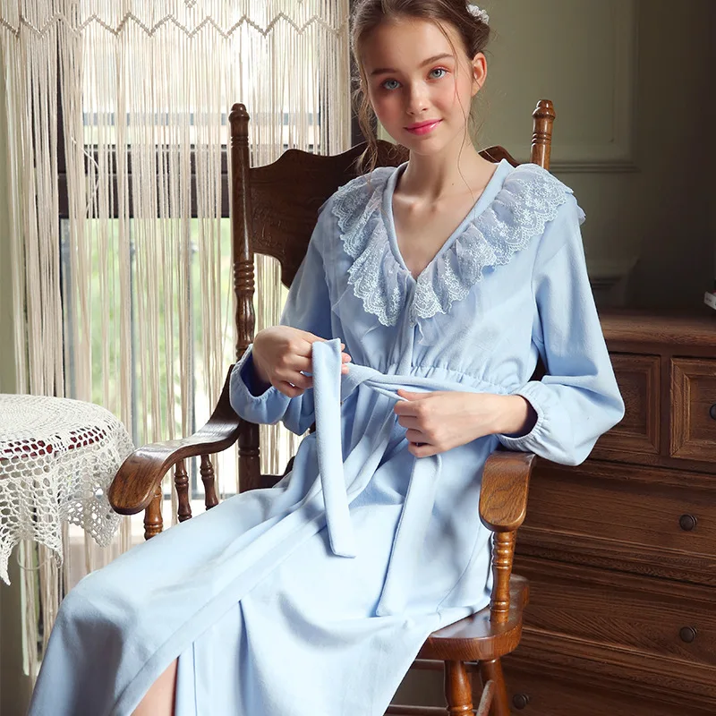 High Quality Winter Women Royal Lace V neck Coral FLeece Warm Nightgowns Lady Waist Strap Home