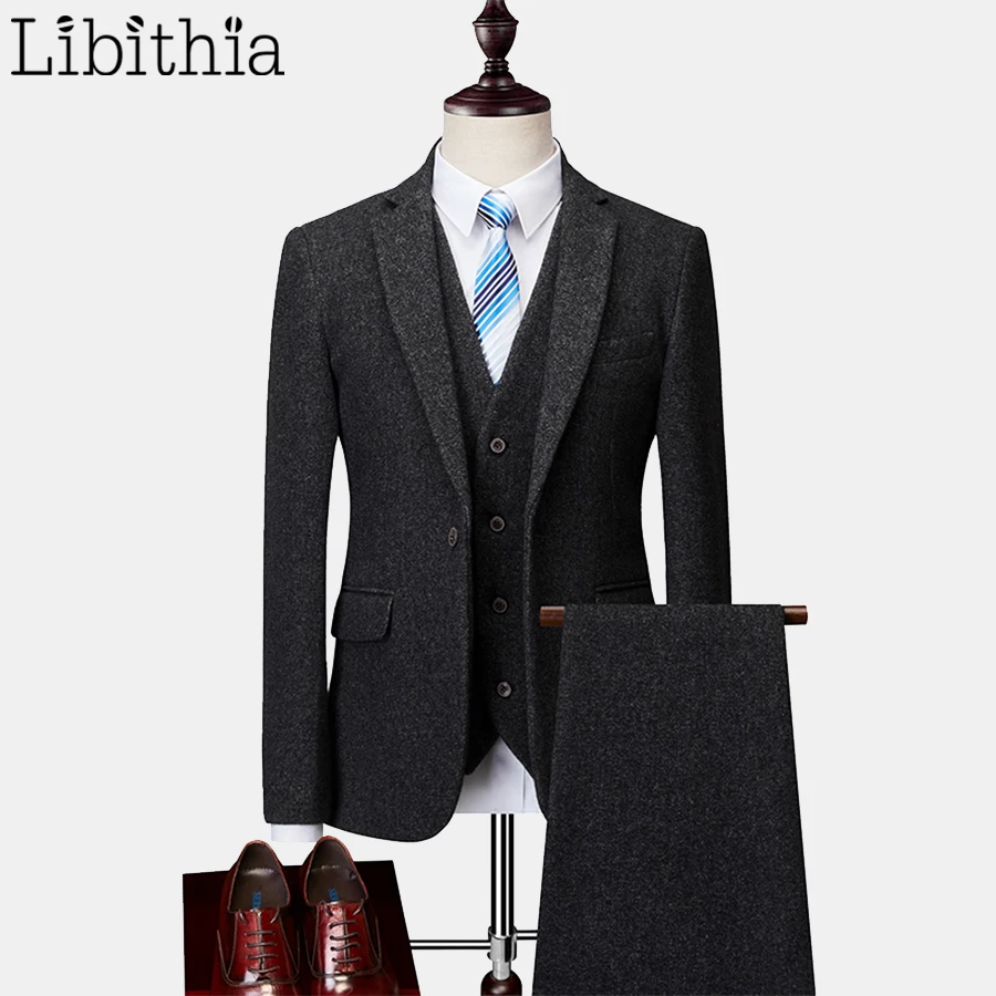 

Men Slim Fit 3 Pieces Suits Blazer Jackets Woolen Fabric Luxury Pant Vest Big Size 6XL Winter Dark Grey Black Dress Wedding T226