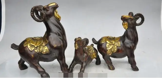 

S02570 8" China fengshui bronze gilt zodiac 3 sheep goat auspicious lucky family statue (A0321)