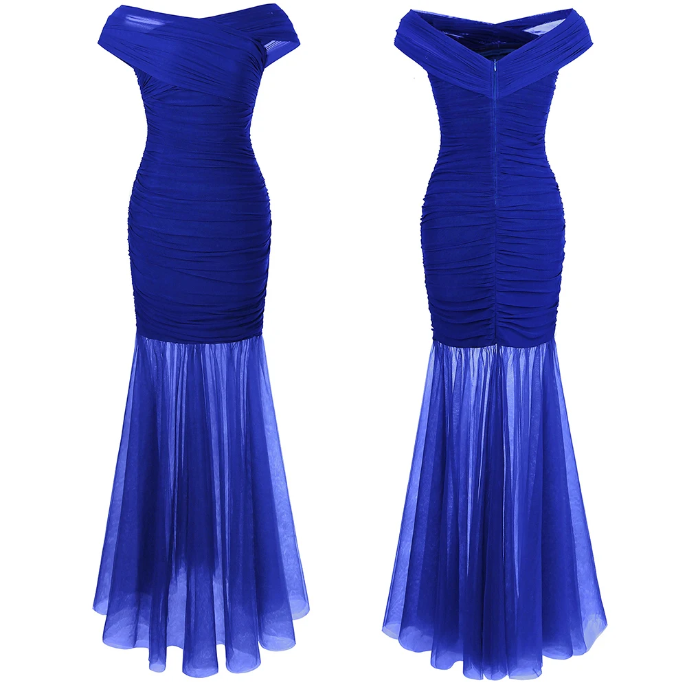 

Angel-fashions Women's Long Evening Dresses V neck Ruched Pleat Formal Dress 408