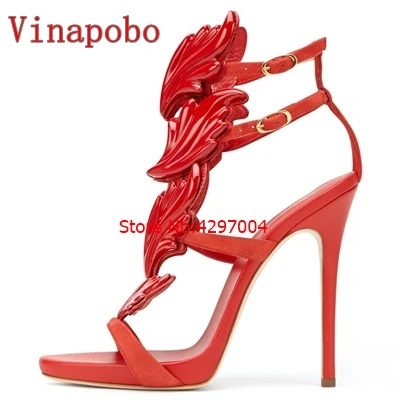 Vinapobo/летние женские сандалии-гладиаторы на высоком каблуке с золотыми крылатыми листьями и вырезами вечерние босоножки на высоком каблуке - Цвет: as the picture