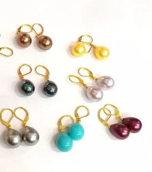 

7 pairs / lot 12x16mm Earring red white gray blue purple colors waterdrop natural South Sea shell pearl dangle gold color hook