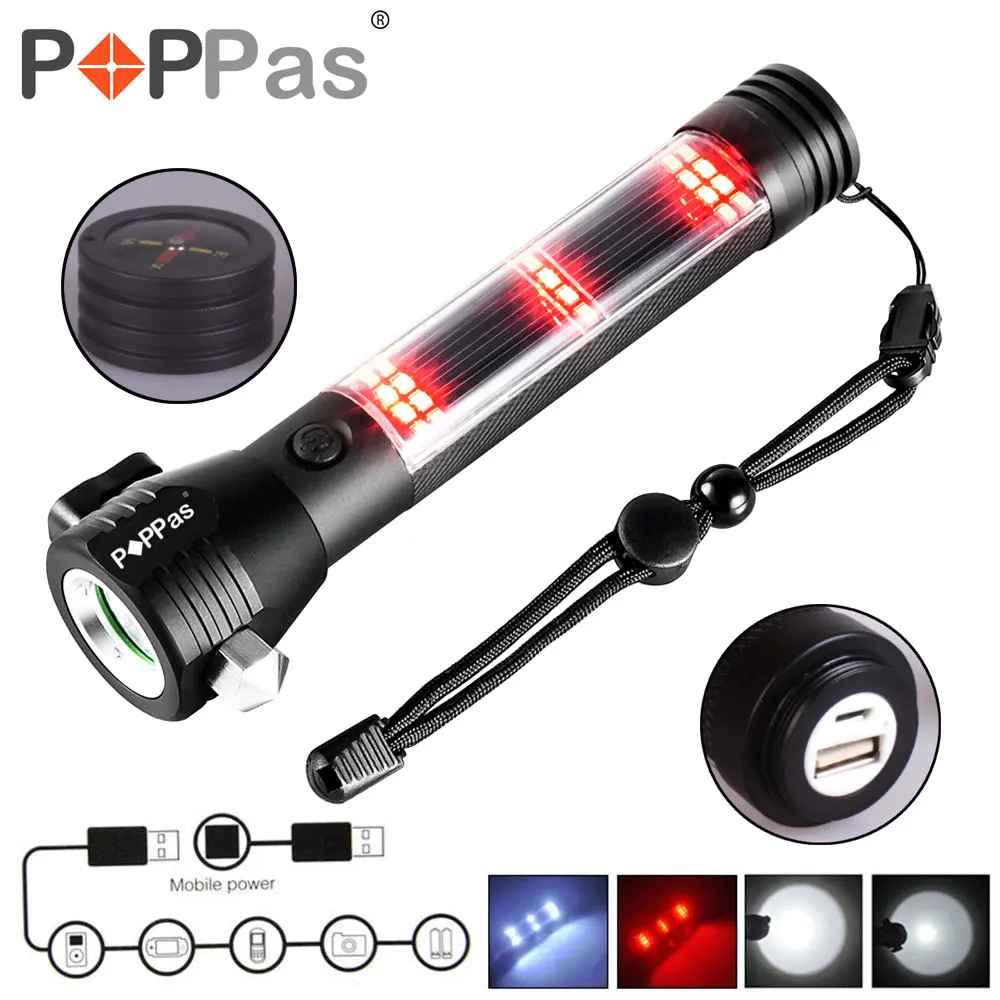 Car Flashlight Solar Flashlights USB Torch Multi functional LED Light