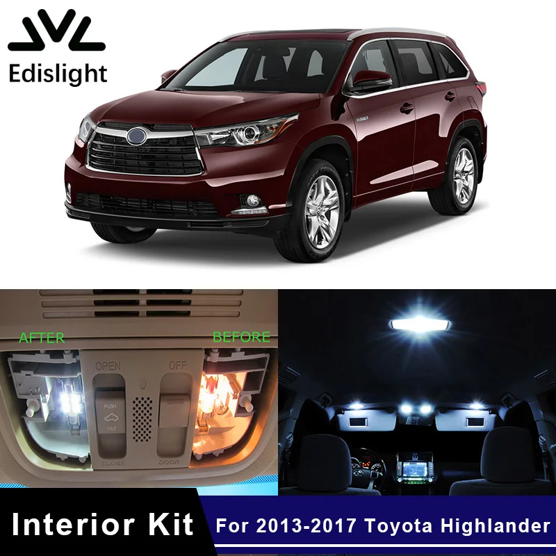 

Edislight 12Pcs White Ice Blue LED Lamp Car Bulbs Interior Package Kit For 2013-2017 Toyota Highlander Map Dome Trunk Light
