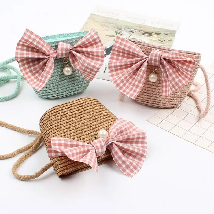 New Children Bag Straw Hat Set Hand-woven Bow Single Shoulder Bag Sun Straw Hats LMH66