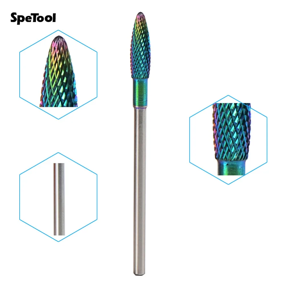 

SpeTool Multi-color Coated Tungsten Carbide Nail Drill Bit Small Flame Accessory For Electric Manicure 3/32'' Shank Diameter