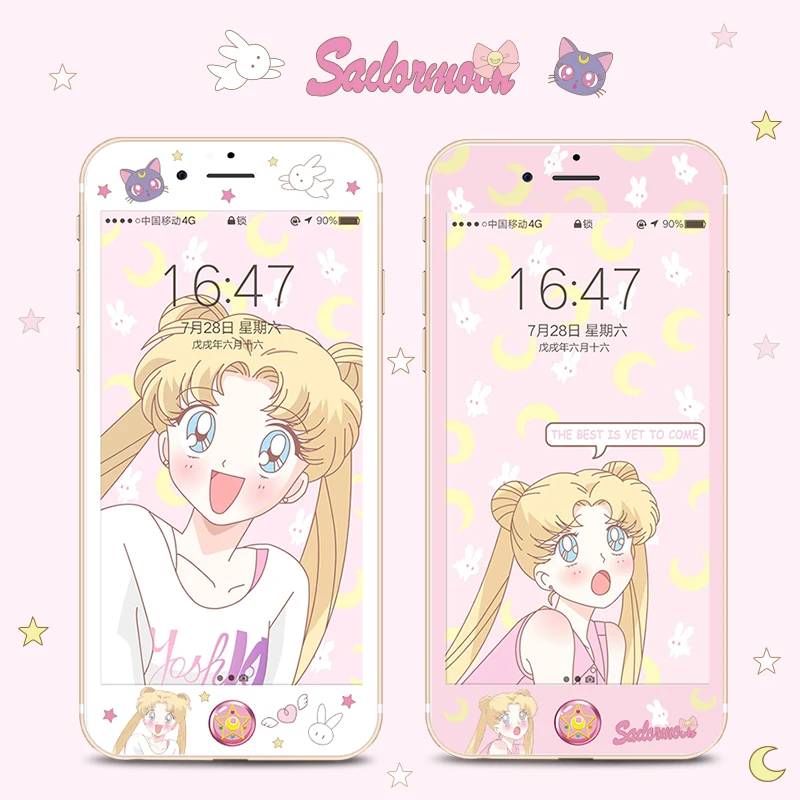 Sailor Moon for iPhone 7 screen protector for iPhone 6/6s tempered glass HD film for 8 7 plus cute soft edge front film+ sticker