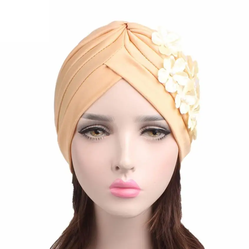 

MUQGEW Creative Solid Color Women Ladies Boho Cancer Hat Beanie Scarf Turban Head Wrap Cap Polyester Flower Decoration For Women