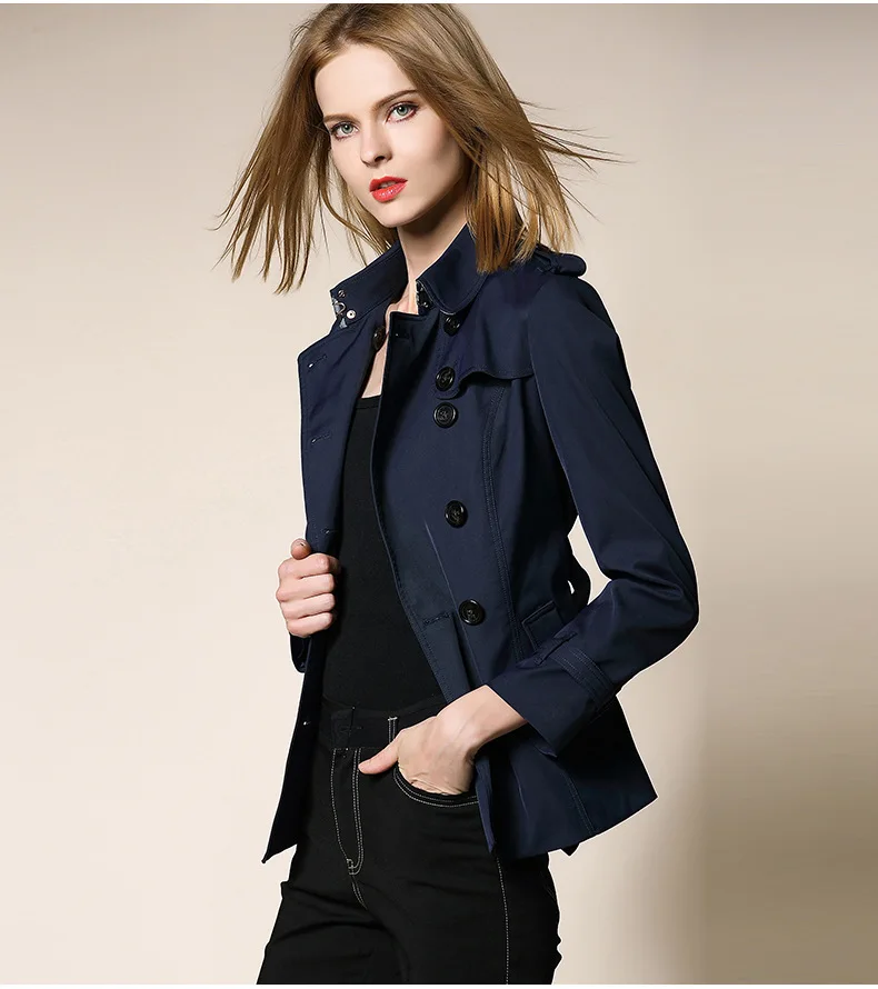 Burdully женский плащ большой размер английский стиль короткое пальто двубортный верхняя одежда женская одежда - Цвет: Тёмно-синий