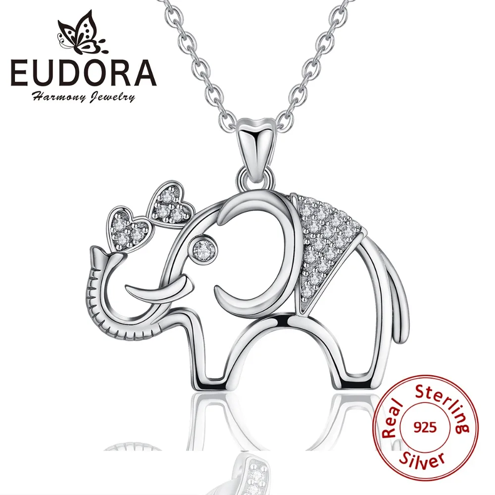 

EUDORA Real 925 Sterling Silver Cute elephant Pendant CZ Animal Necklace For Women 925 Sliver Jewelry girl birthday Gift CYD388