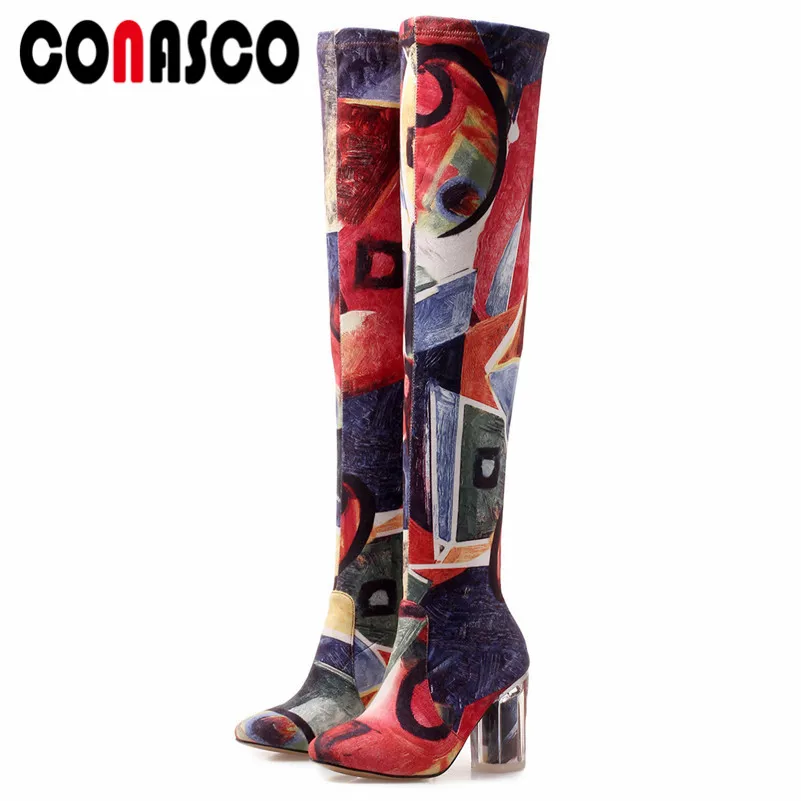

CONASCO Fashion Brand Women Over The Knee High Boots High Heels Autumn Winter Round Toe Knight Boots Zipper Tight High Boots