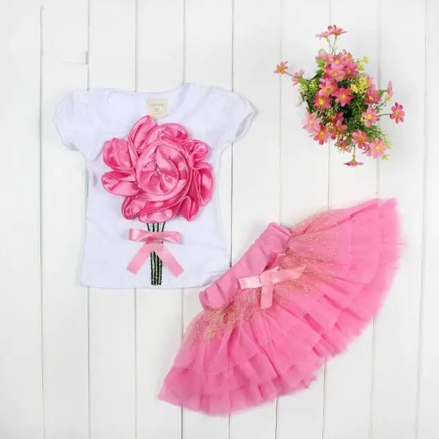 Одежда для девочек Летняя Детская футболка с 3D цветком+ юбка-пачка 2 комплекта 3 цвета - Цвет: Розовый