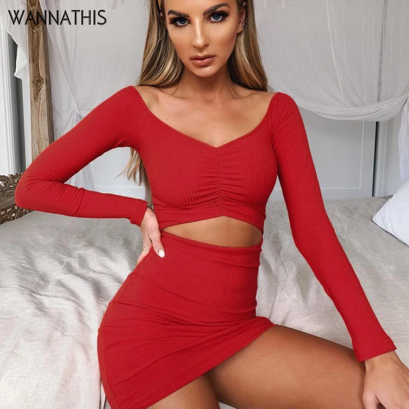 

WannaThis Red White Long Sleeve Dress Hollow Out Ruched Front V-Neck Women Sexy Rib-Knit Casual Dresses Skinny Slim Mini Dress