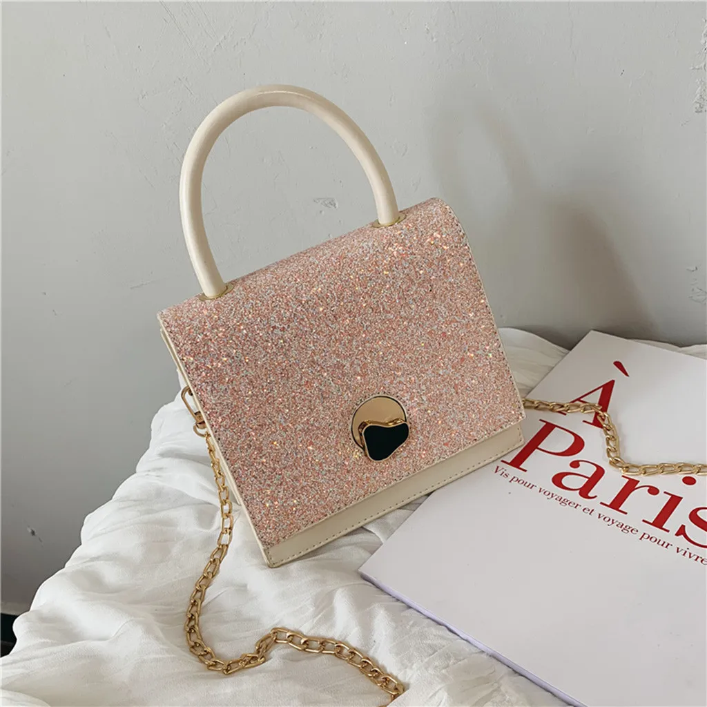New Elegant Shoulder Bag Women Wild Simple Messenger Bag For Girls Women Sequin Colorful Small Square Shoulder Chain Bag K614 - Цвет: Pink
