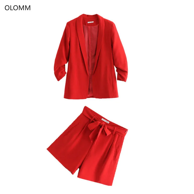 

Suit female 2019 summer new pleated sleeves without buckle in the long suit jacket high waist shorts two-piece