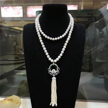 

Hot sell new 7-8mm natural white freshwater pearl necklace long sweater chain micro zircon fashion jewelry