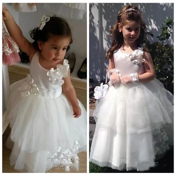 

White Flowers Adorned Flower Girls Dresses 2017 O-Neck Floor Length Custom Kids Formal Party Dress