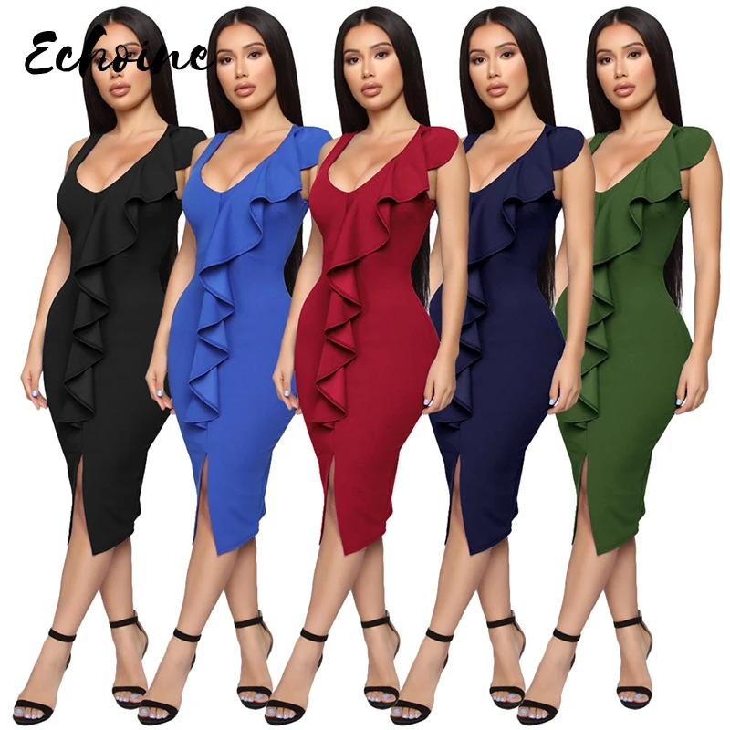 

Echoine Women Sexy O Neck Ruffles Tank Front Split Bodycon Elegant Dress Summer Black/Army Green Sleeveless Midi Office Dresses