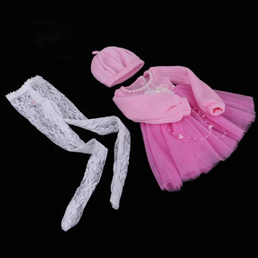 Fashion Sweater Gauzy Dress with Beret Lace Stockings for 1/3 BJD 60cm Dolls Accs Pink