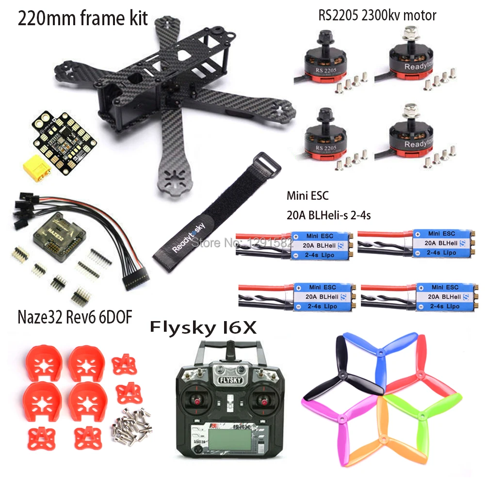 

QAV-R 220 220mm Carbon fiber Quadcopter frame Naze32 Rev6 6DOF RS2205 2300kv Motor 20A BLHeli-s ESC 2-4S / Flysky FS-i6X