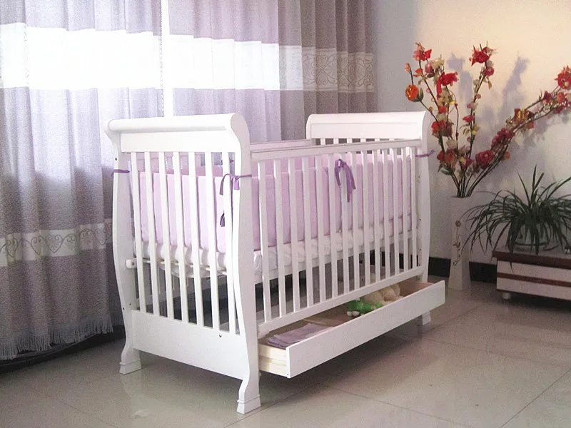 4 In 1 Wood Sleigh Cot Multi Funtional Solid Wood Crib With Drawer