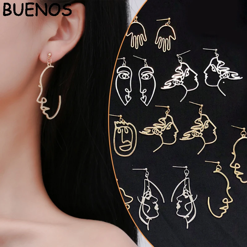 

BUENOS Fashion Girls Face Shape Earrings Metal Vintage Abstract Hollow Out Dangle Earrings women face earrings Face Gift Jewelry