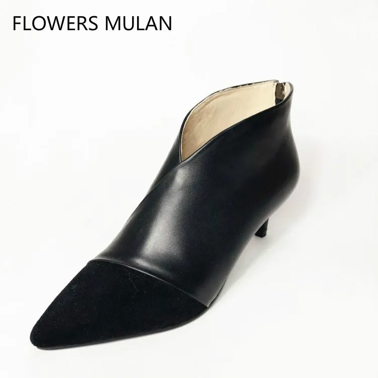 

2018 New Designers Patchwork Suede Pointed Toe Leather Back Middle Heel Pumps Shoes V Open Back Zipper Ladies Sapatos Femininos