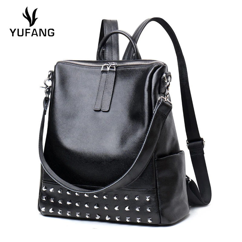 

YUFANG Rivets Women Backpack Genuine Leather Female Backpack Natural Cowhide School Bag Teenager Black Shoulder Bag Ladies