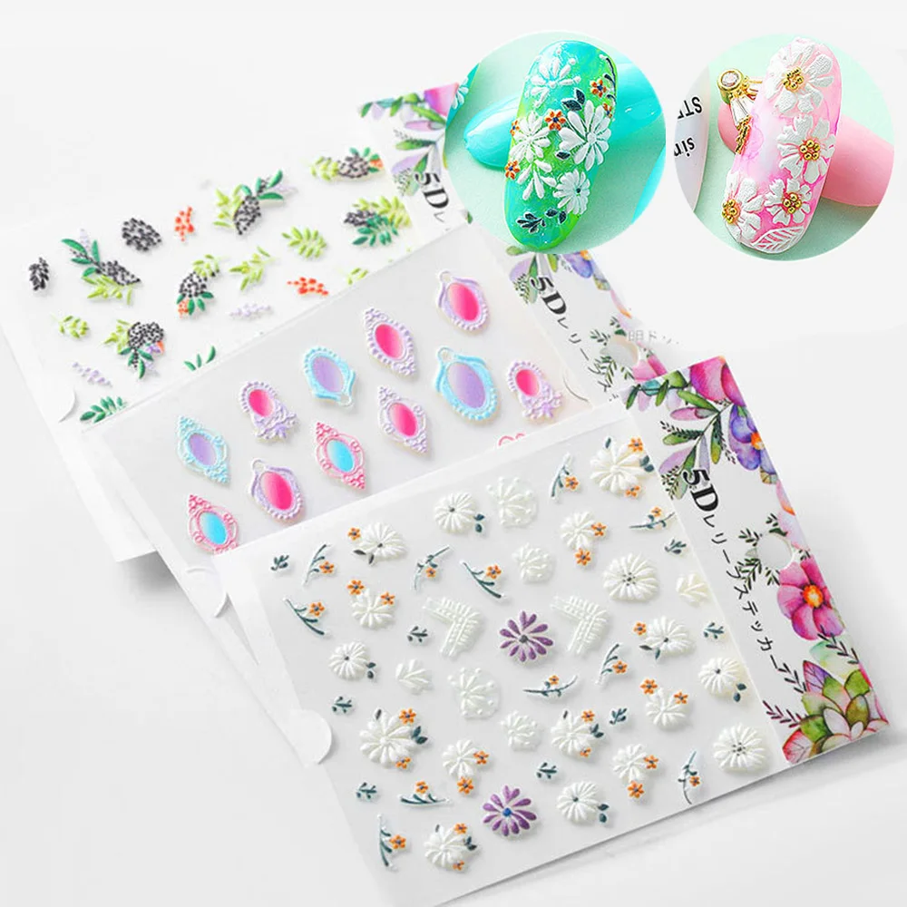

1Pc 3D Acrylic Engraved Flower Nail Sticker Embossed Flower Nail Water Decals Empaistic Nail Water Slide Decals Manicure Nails