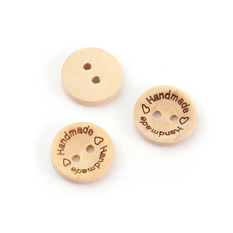 New Natural Wood Sewing Buttons Scrapbooking Two Holes Round Natural Message " Handmade " Pattern 15mm( 5/8") Dia, 100 PCs