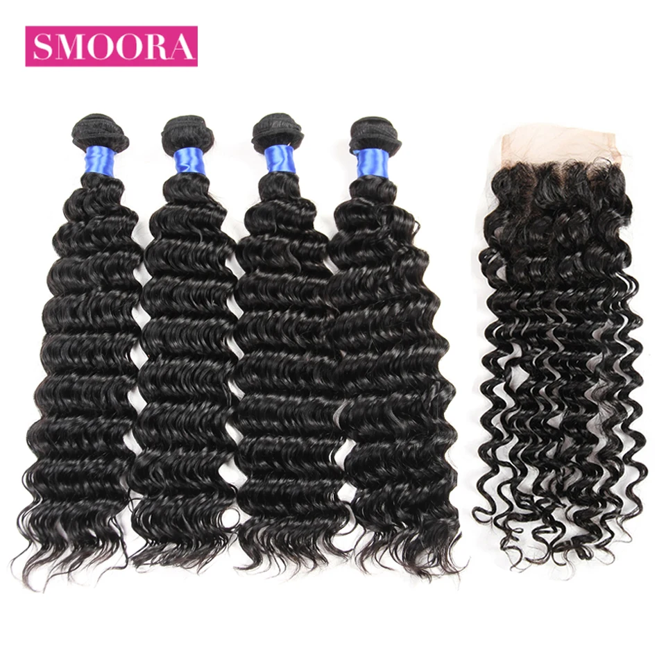 Smoora Brazilian Deep Wave Hair Human Hair Bundles With Closure Deep Curl 3 4 Bundles With Closure 4*4 Free Middle Three Part Smoora Brazilian Deep Wave Hair Human Hair Bundles With Closure Deep Curl 3 4 Bundles With Closure 4*4 Free Middle Three Part