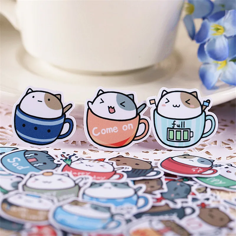 40 pcs Coffee cup cat Sticker for Kid DIY Laptop Waterproof Skateboard Moto phone Car Toy Scrapbooking Stickers