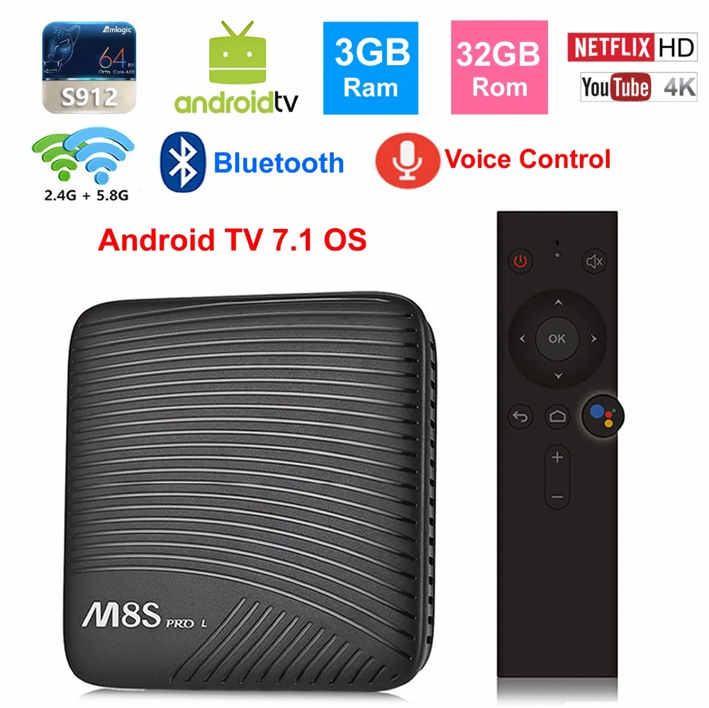 

M8S PRO L Smart TV BOX Android TV 7.1 OS google voice control S912 Octa core 3GB 32GB 4K 3D bluetooth 5G Dual WIFI set top box