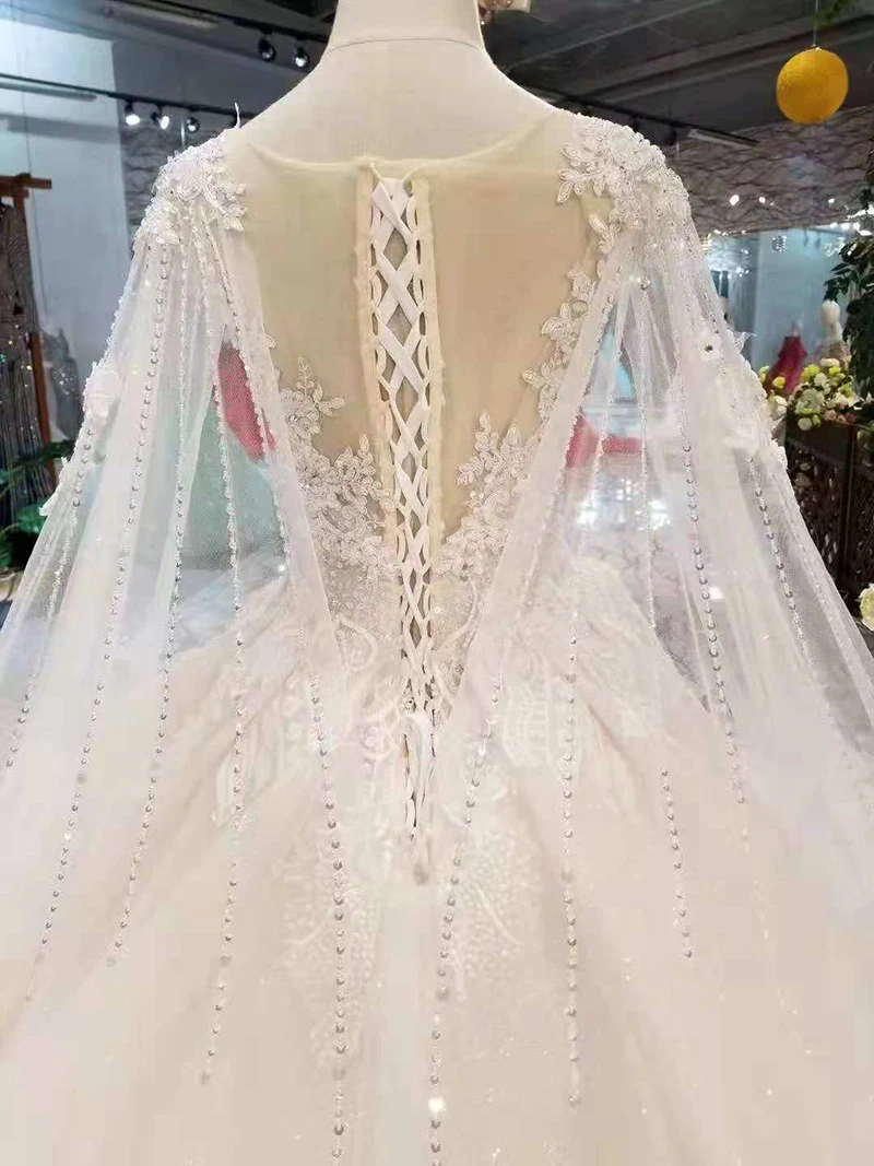 LSS284 светильник Свадебные платья цвета шампань с длинным мысом Иллюзия o-образным вырезом на шнуровке сзади Свадебные платья бальное платье от настоящей фабрики