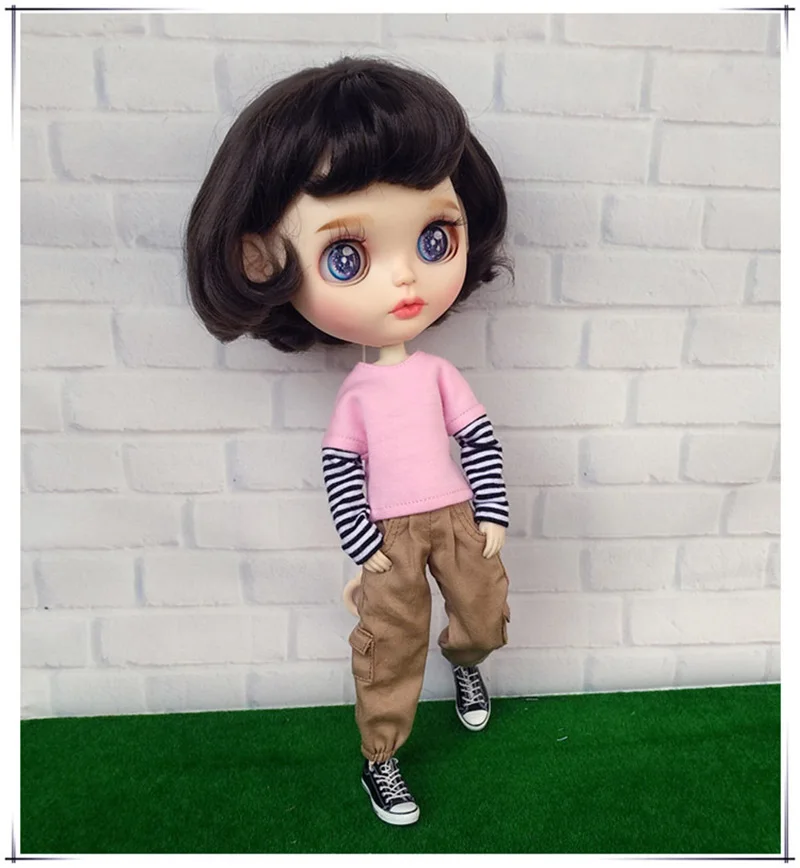 

New Blyth Doll Clothes Work Pants/pink black White T-shirt for ob24, Azone S,Blyth Pant for 1/6 Doll Accessories