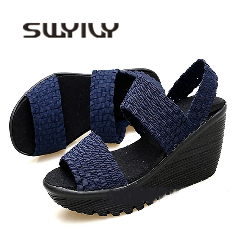 SWYIVY Women Slimming Sandals Platform Hand-woven Summer Large Size Height Increasing Comfortable Female Toning Shoes