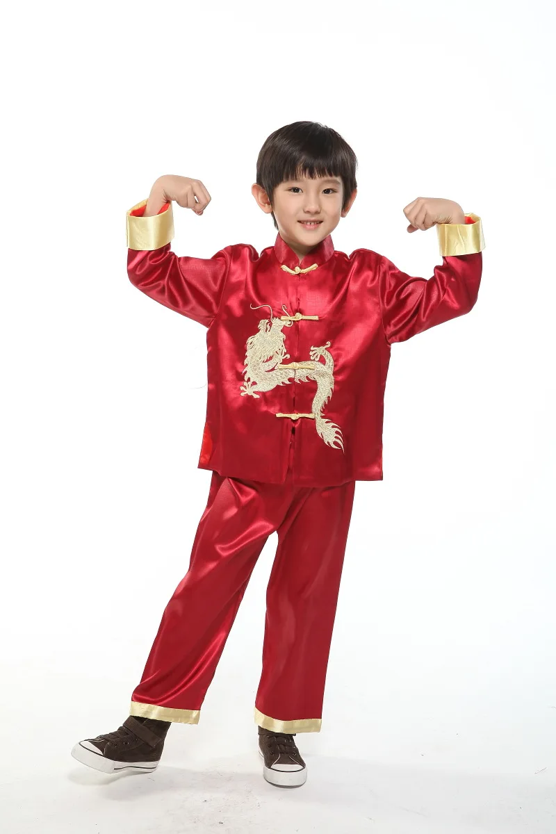 Long Sleeve Dragon Boy Kung Fu Chinese Traditional Costume Top+ Pants Children Nation Cospaly Clothes Chinese Folk Costume 16