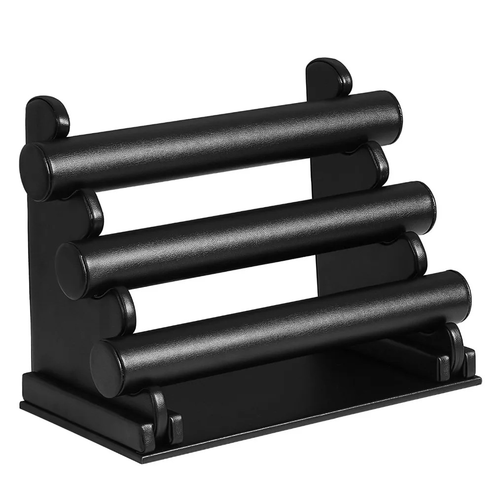 

Black 3-Tier Bracelet Holder Watch Necklace Jewelry Bangle Display Stands Gift for Girls and Women, Faux Leather