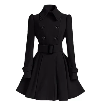 

2018 NEW OL work Winter Belt Buckle Mid-Long Trench Double-breasted Women Dress Long SleeveTrench Wool Coat 7 colors