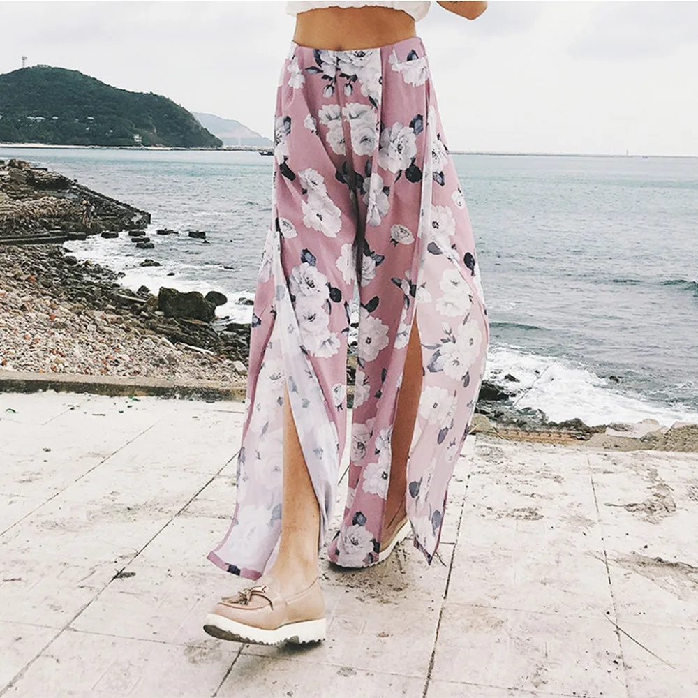 

Sexy High Open Wide Leg Pants Chiffon Trousers Women 2019 Print Flower Pattern Elastic Waist Mid Loose Full Length Women Pants