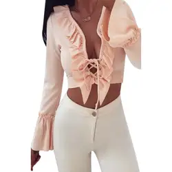 Сексуальная одежда 2018 Новая мода Женщины с длинным рукавом Растениеводство Топ на шнуровке глубоким v-образным вырезом Топы Футболка