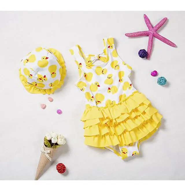 Best Offers Girls Babies Hot Springs Children's Swimsuits Cartoon Yellow Duck Children Lovely Conjoined Princess Dress Infant Swimwear