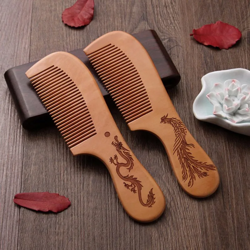 

High Quality Dragon Phoenix Engraved Peach Wood Healthy Massage Anti-Static Hair Care Comb Hair Care Wooden Tools