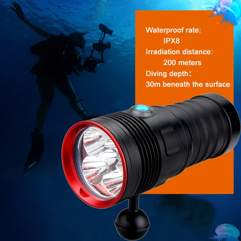 

3 Mode Diving Flashlight 5 LED Photography Video light 5000 LM underwater 100m waterproof Tactical torch Lamp for 18650 battery
